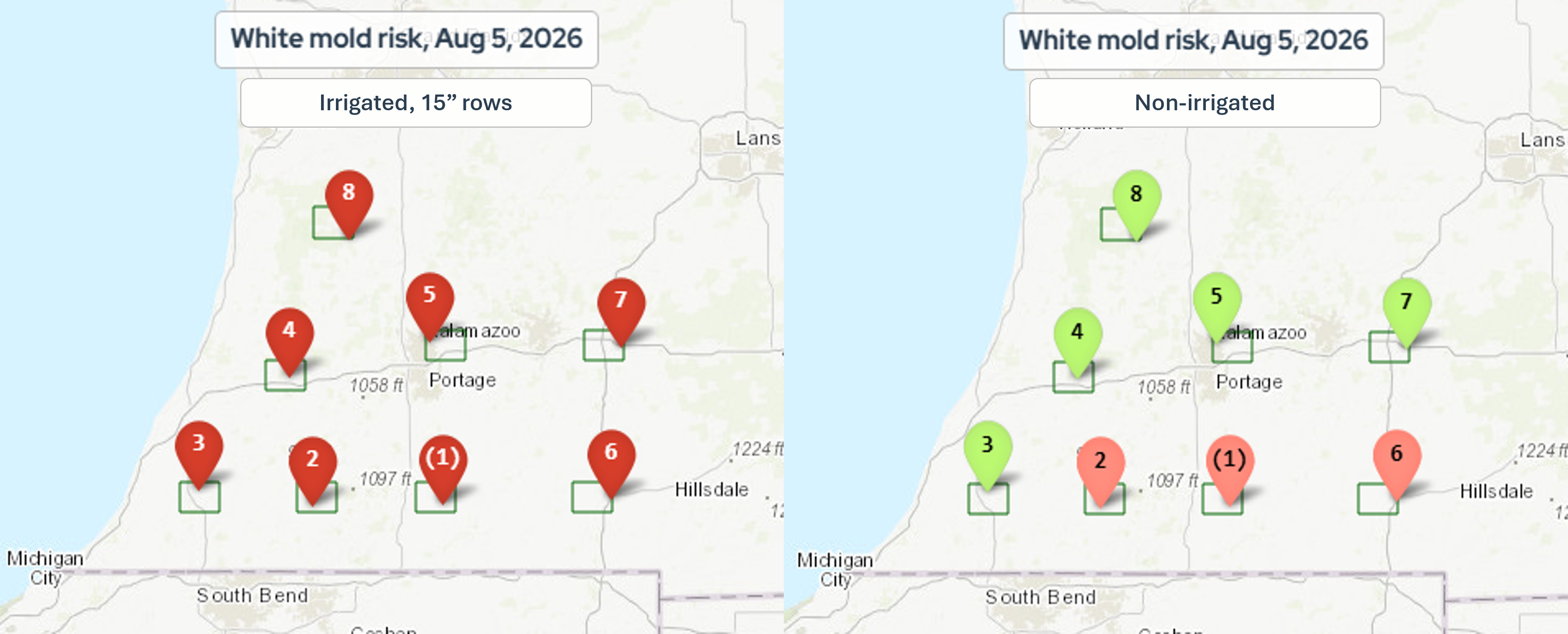 Estimated white mold risk in irrigated soybeans on 15-inch rows (left) and non-irrigated soybeans (right) for the past week based on the Crop Protection Network&rsquo;s Crop Risk Tool.